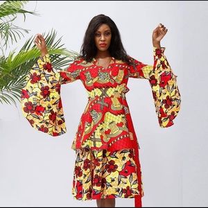 Handmade Uylee’s Boutique African Print Red Petal Dress, US Sizes 4 - 26